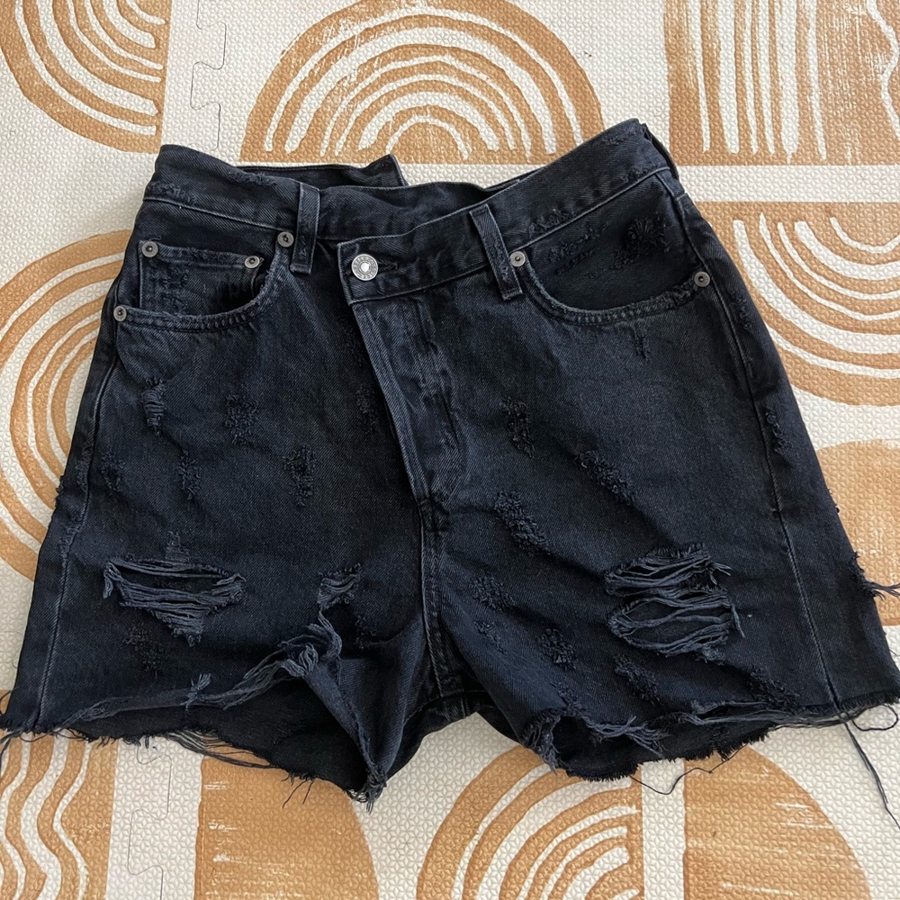 Agolde High- Waisted Black Denim Shorts, diagonal buttons, slim fit for size 26.
